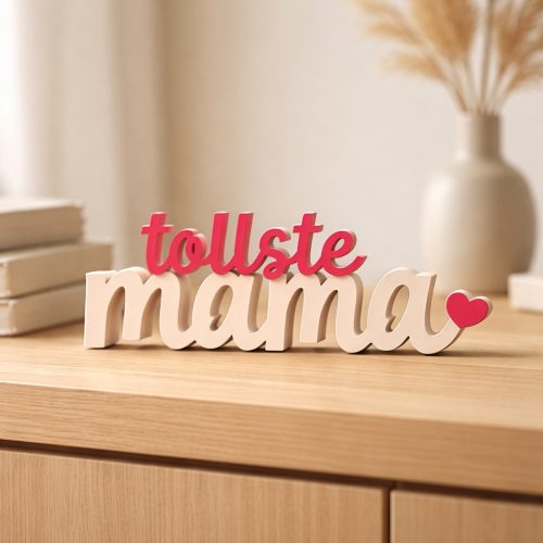 Freistehender Schriftzug „tollste mama“ in Bonewhite und Hot Pink mit kleinem Herz auf einem Sideboard
