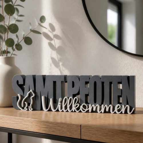 IMG_2369 Dekorativer Schriftzug „Samtpfoten Willkommen“ mit Katzensilhouette auf einem Sideboard in Ash Grey