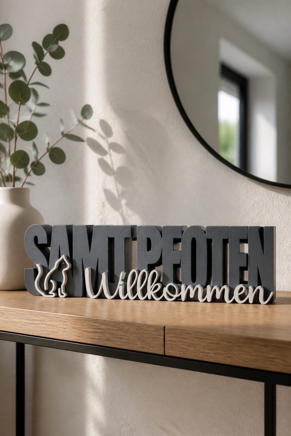 Dekorativer Schriftzug „Samtpfoten Willkommen“ mit Katzensilhouette auf einem Sideboard in Ash Grey