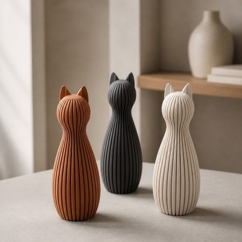 Drei gerippte Katzenfiguren in Caramell, Dunkelgrau und Knochenweiß auf einer modernen Ablage