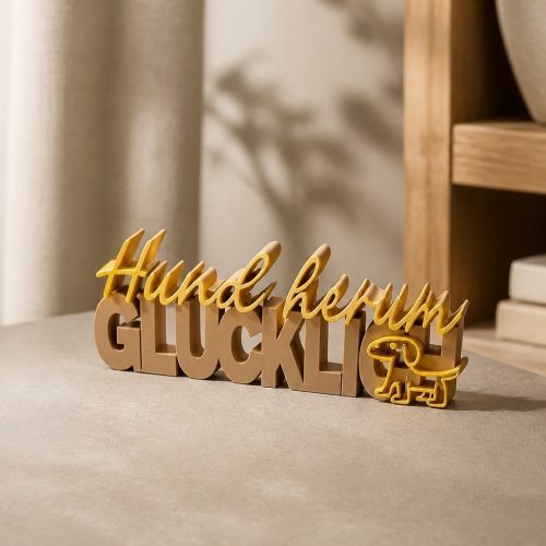 IMG_2387 3D-gedruckter Schriftzug „Hund herum Glücklich“ in Caramel mit gelber Schreibschrift und Hundesilhouette
