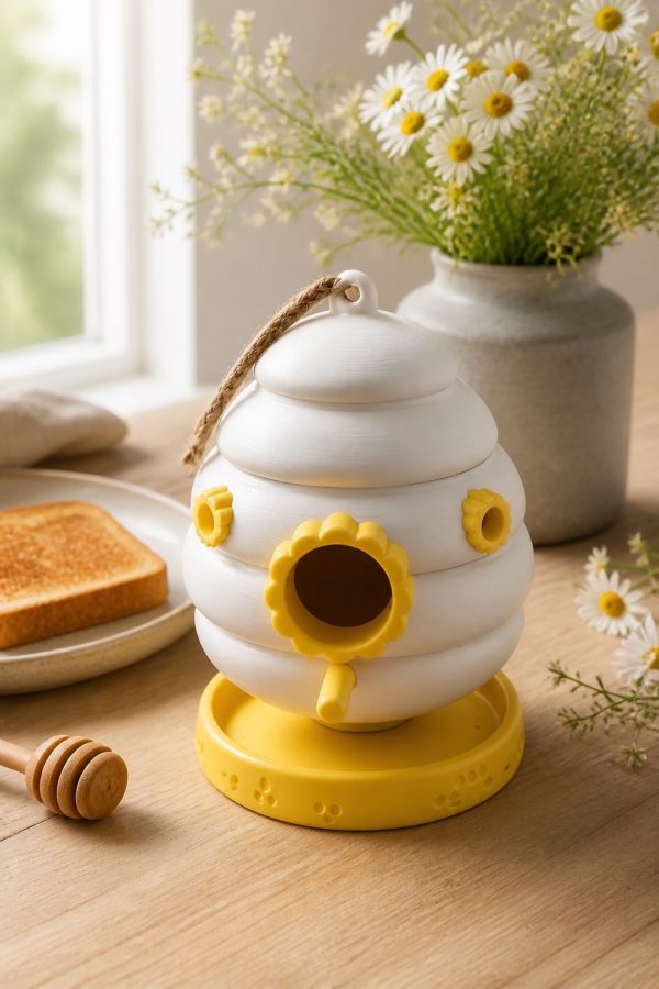 Knochenweißes, rundliches Vogelhaus in Bienenkorbform mit gelben Sonnenblumen und Standfläche