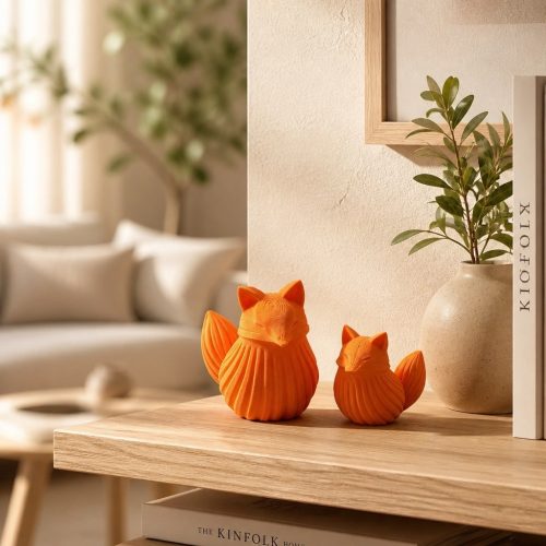 Zwei orangefarbene, gerippte Fuchsfiguren in unterschiedlichen Größen auf einem Holzregal