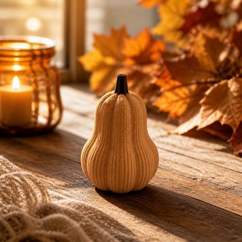 Gerippter dekorativer Butternut-Kürbis in warmem Naturton auf einem Holzmöbel