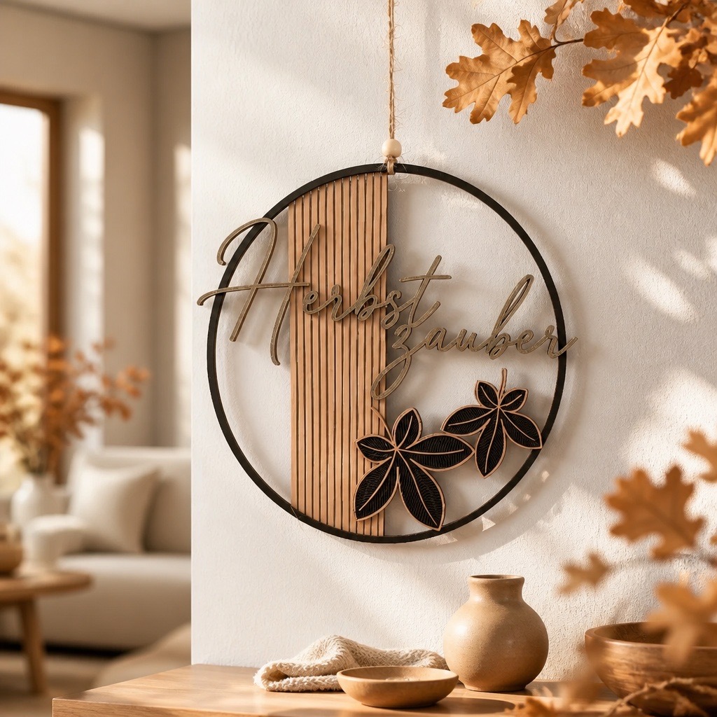 Runder Herbstzauber Kranz an einer Wand mit geschwungenem Schriftzug, Linienfeld und filigranen Blättern