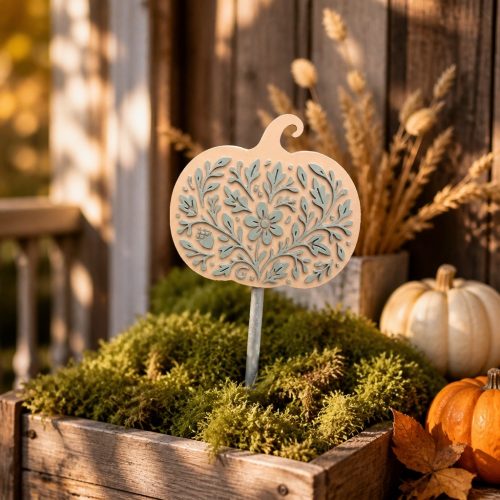 Kürbisförmiger Blumenstecker mit filigranem floralen Relief in einer herbstlich bepflanzten Schale