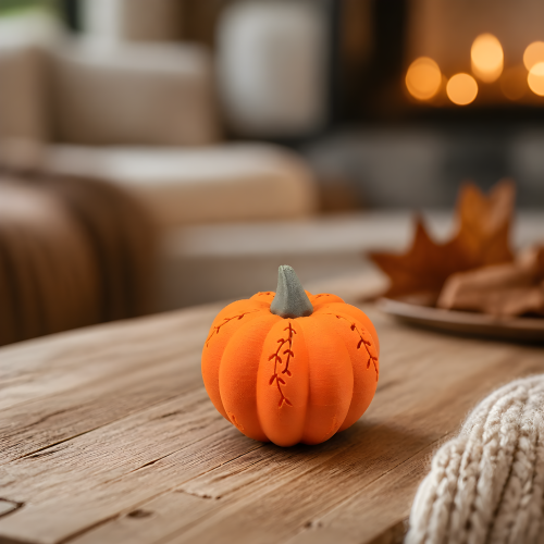 Orangefarbener gerippter Dekokürbis mit grauem Stiel und filigranen Ranken auf einem Holztisch